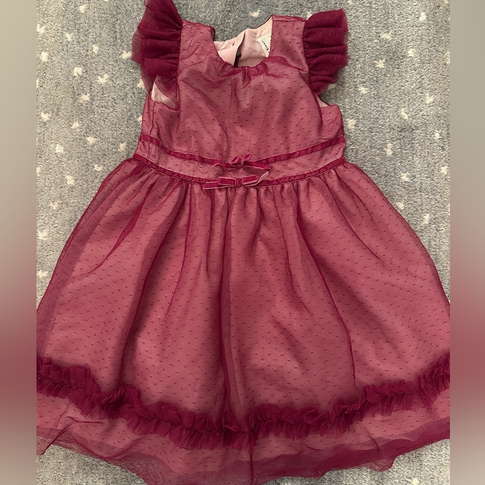 Janie and Jack burgundy Swiss dot lace formal dress bows size 5